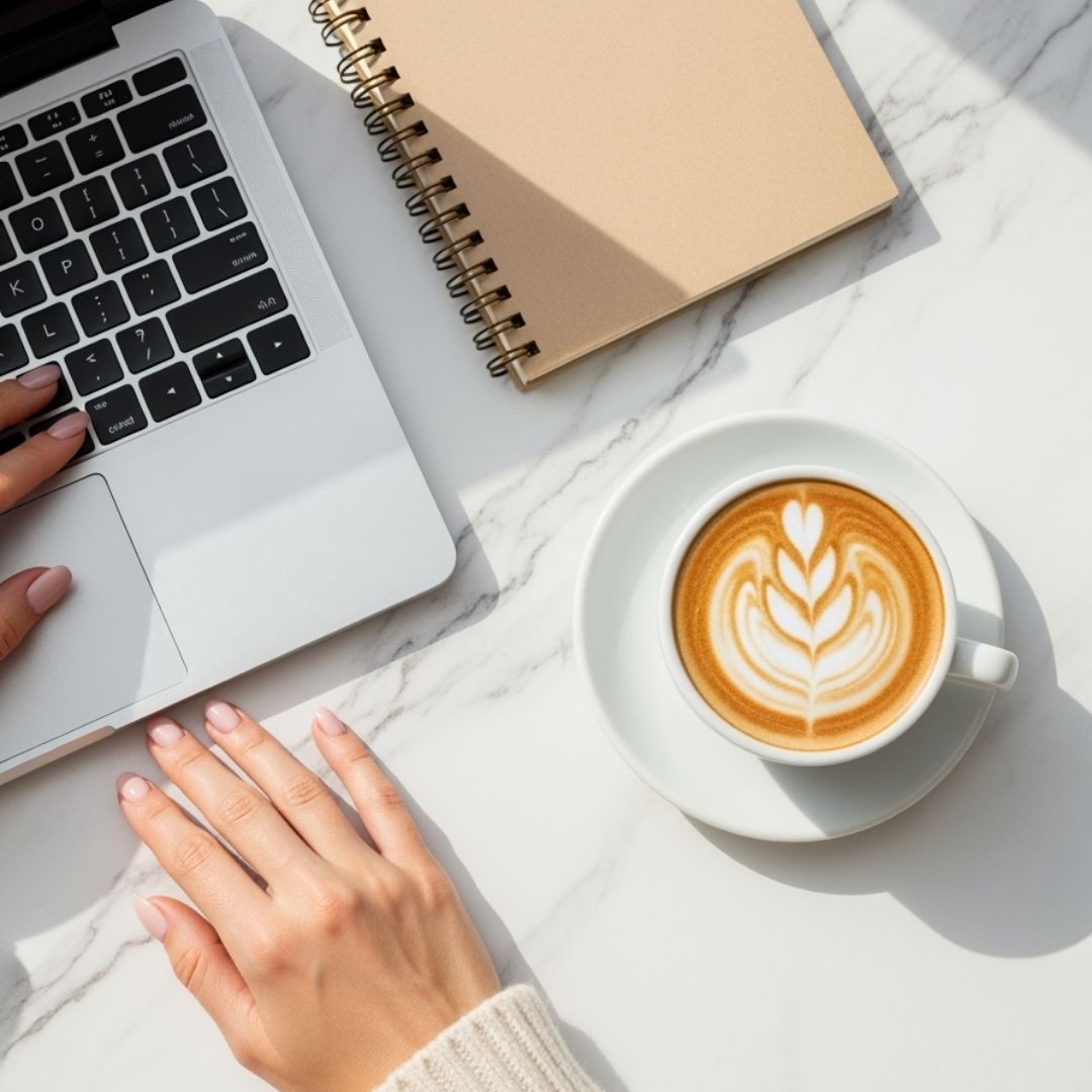Top view of a person working on a laptop with a notebook and a cup of latte art coffee on a marble table.