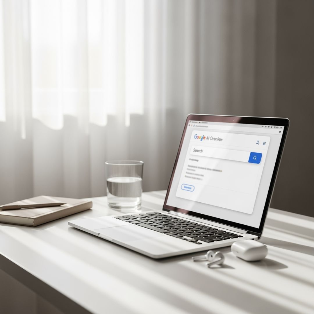 Laptop on white desk displaying Google AI Overview search page, with glass of water, books, wireless earbuds, and mouse nearby