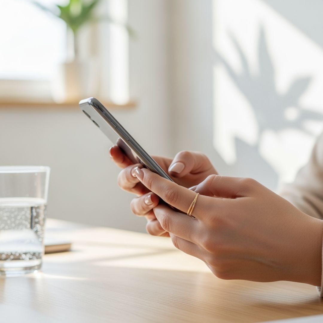 close-up of a woman’s hands holding a smartphone at a table with a glass of water nearby