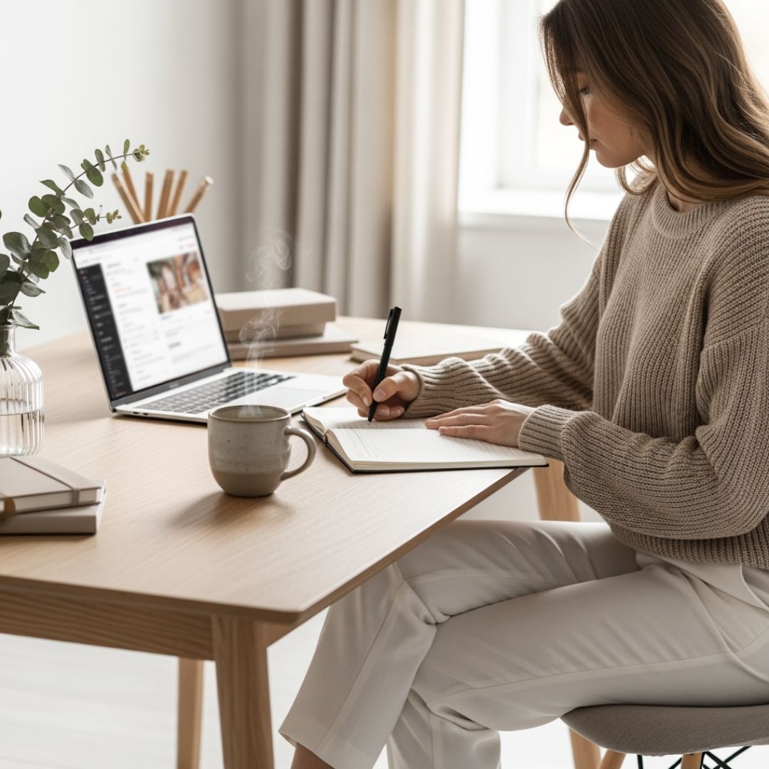 Woman working at a desk with a laptop and notebook, writing while drinking coffee